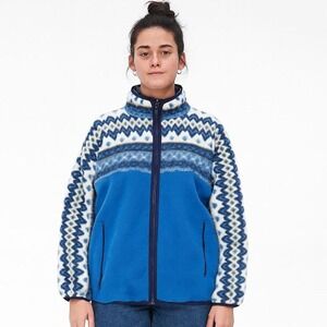 Y2K blue and white fleece jacket with zipper pockets Nordic print size LG/XL